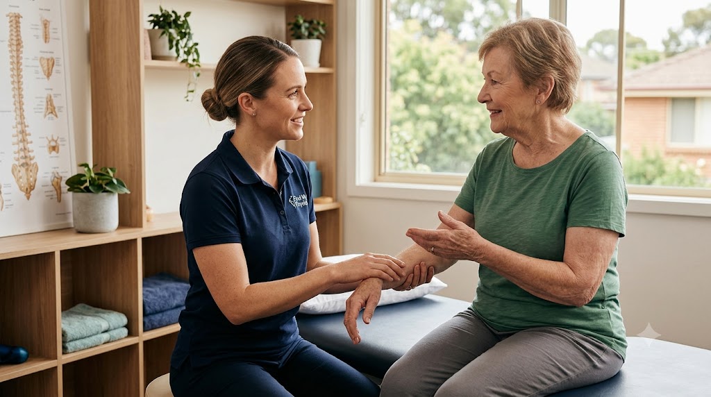 A Find My Physio physiotherapist consulting with an older patient