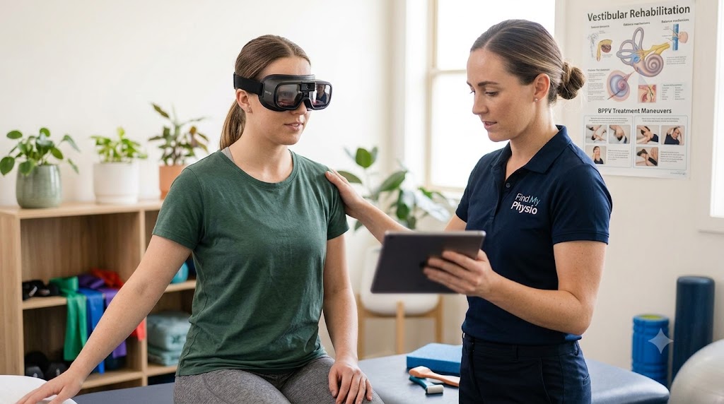 A physiotherapist performing a vestibular assessment for dizziness