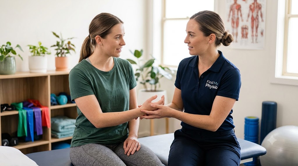A Find My Physio physiotherapist assessing a patient's wrist during a consultation